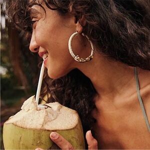FREE PEOPLE NWT Whitney hoops -cream/pewter semi precious stones